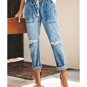 NWOT Super Stylish Light Blue Distressed Drawstring Straight-Leg Jeans